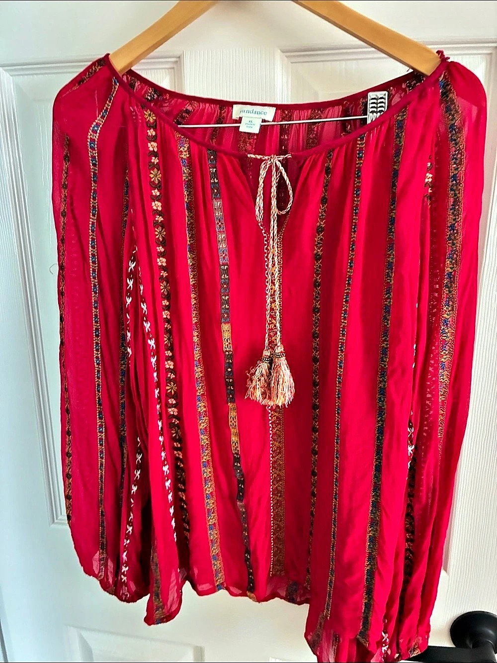 Sundance Striped Tassel Blouse in Red XL Like New